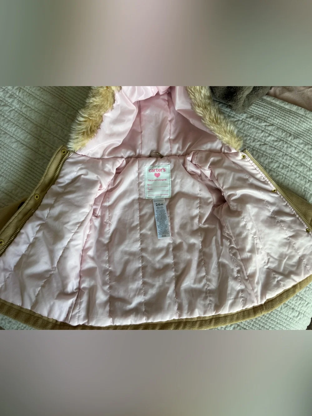 Carter's Pea Coat with Pink Lining and Faux Fur Hood